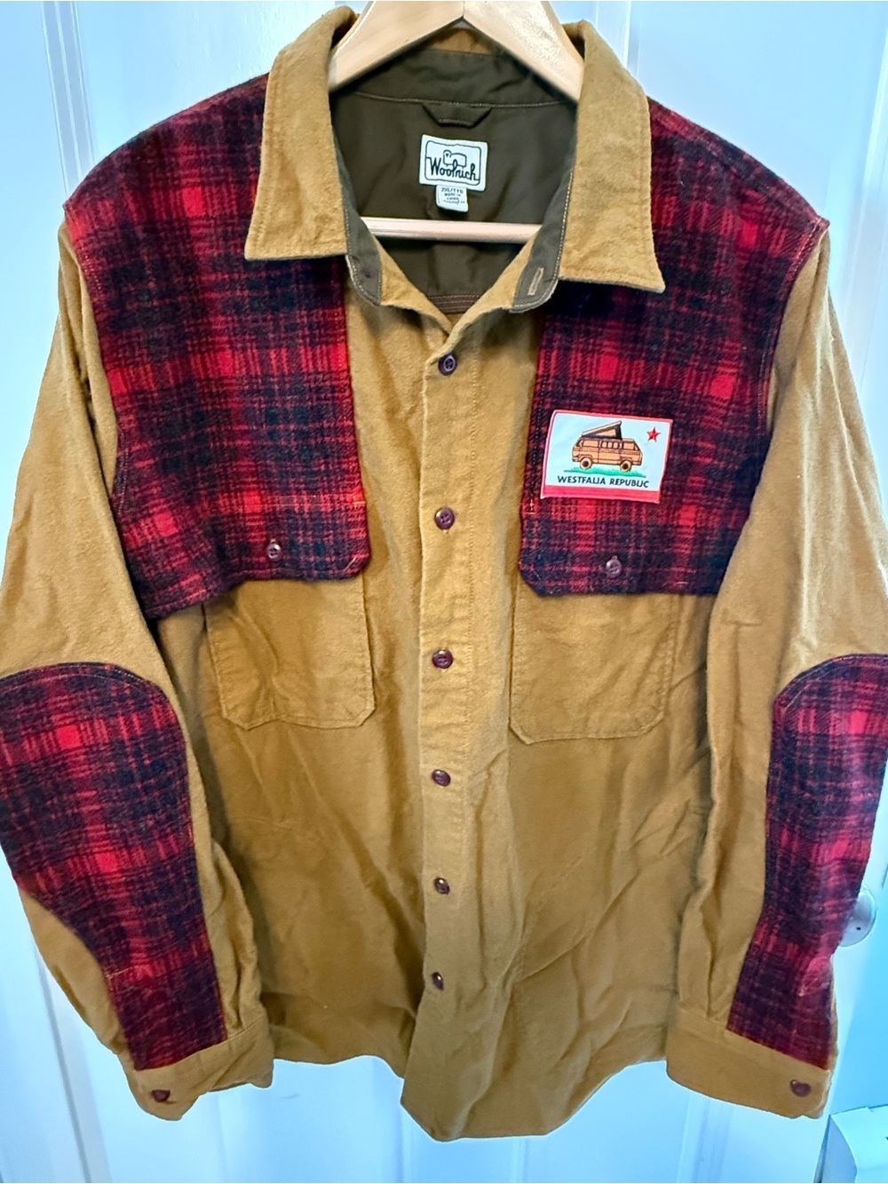 Woolrich Tan Shirt Jacket with Red Plaid Yoke & Elbow Patches